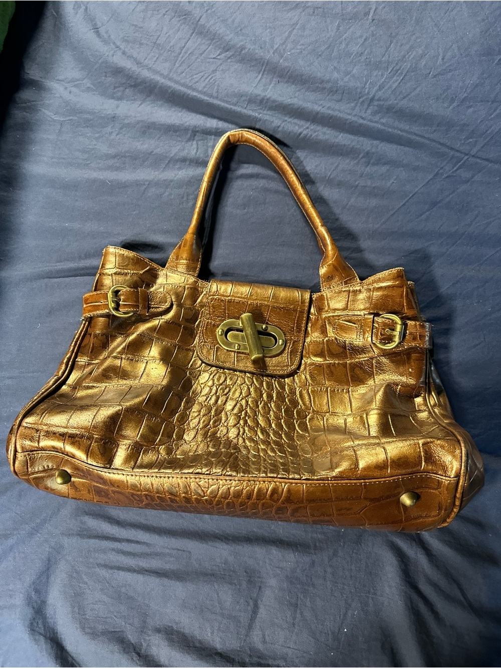 Metallic Brown Croc-Embossed Tote Bag with Turn-Lock Closure